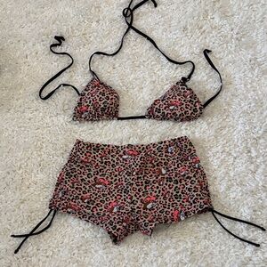 Pink Leopard Print Triangle Bikini Top with Matching Swim Shorts